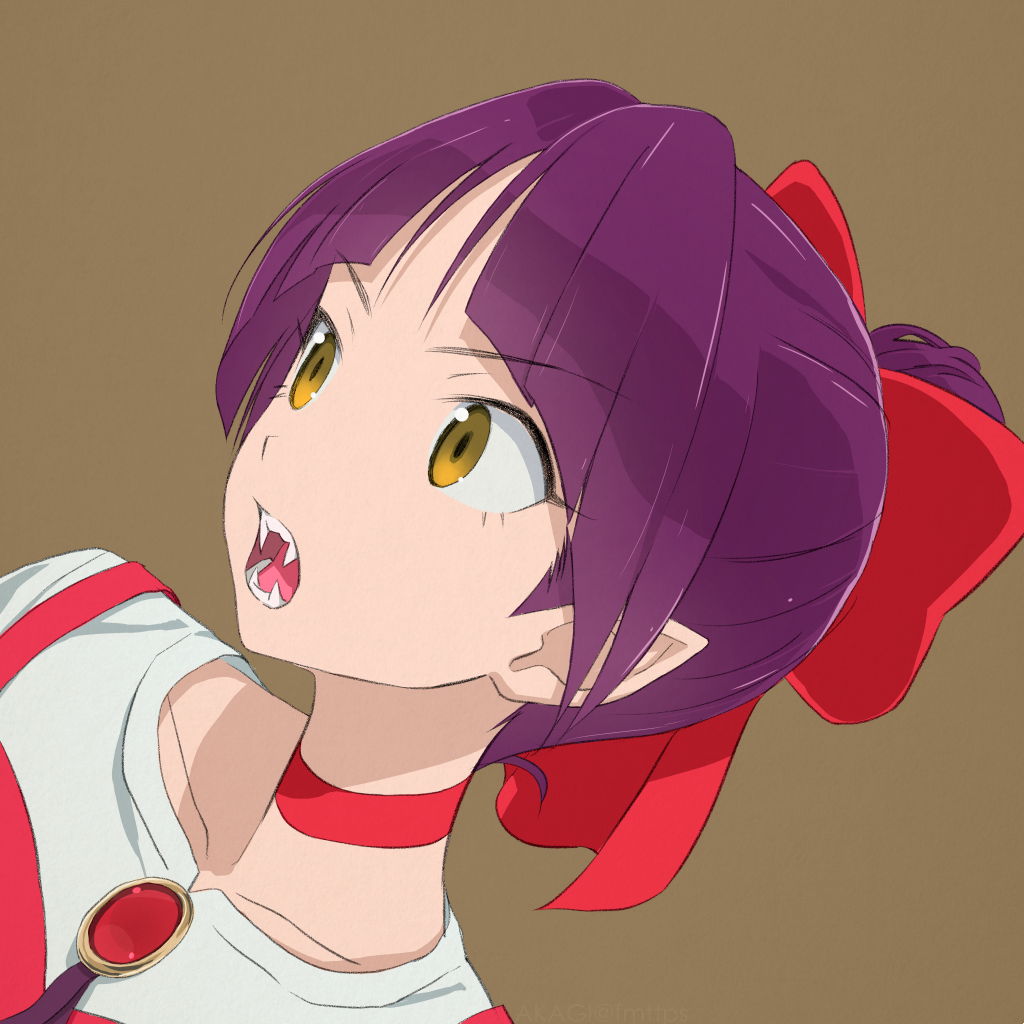 1girl akagi_(fmttps) bangs bow brooch brown_background cat_girl choker commentary dress dutch_angle eyebrows_visible_through_hair fangs frown gegege_no_kitarou gem hair_bow hair_bun jewelry looking_to_the_side nekomusume nekomusume_(gegege_no_kitarou_6) open_mouth pinafore_dress pointy_ears portrait purple_hair red_bow red_choker red_dress shirt short_hair simple_background solo white_shirt yellow_eyes