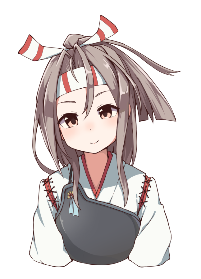 1girl aki_inu brown_eyes grey_hair hachimaki head_tilt headband high_ponytail kantai_collection long_hair looking_at_viewer muneate ponytail simple_background smile solo white_background zuihou_(kantai_collection)