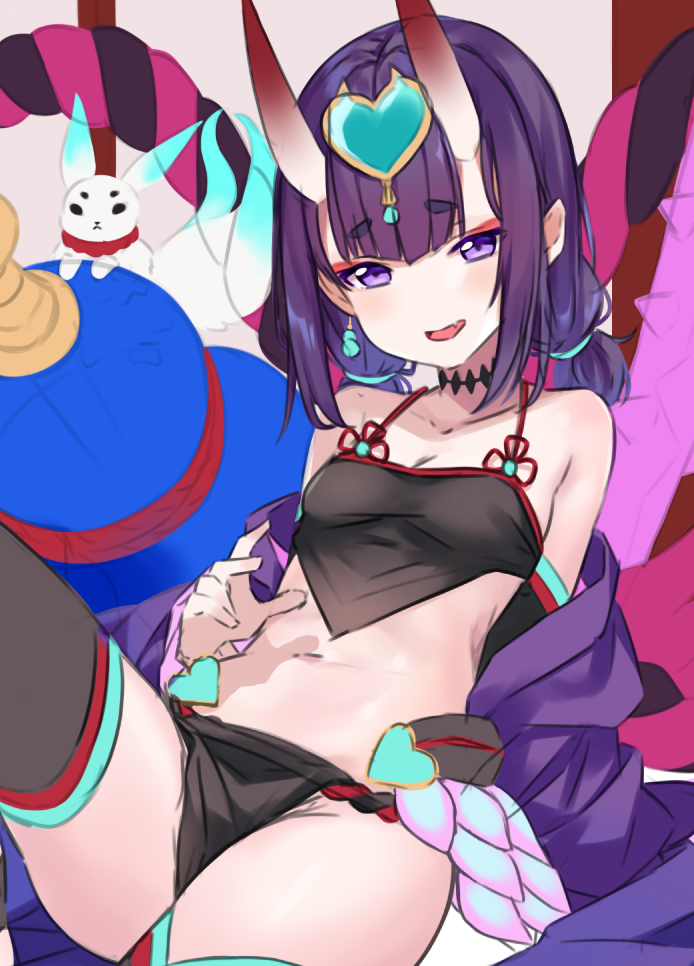 1girl breasts choker crop_top detached_sleeves eyebrows_visible_through_hair eyeliner fang fate/grand_order fate_(series) fox gourd hitsukuya horns leaning_back looking_at_viewer low_twintails makeup midriff navel off_shoulder oni_horns pelvic_curtain purple_hair short_twintails shuten_douji_(halloween)_(fate) sidelocks sitting sketch skirt small_breasts smile solo thigh-highs twintails violet_eyes