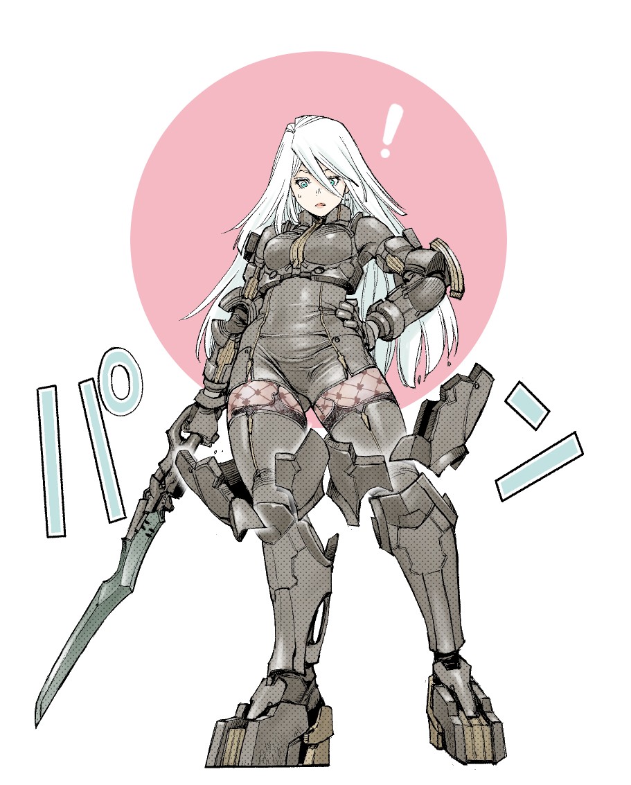 ! 1girl armor blue_eyes breasts broken_armor full_body gloves hand_on_hip holding holding_sword holding_weapon long_hair nier_(series) nier_automata pantyhose see-through shinya_komi solo sweatdrop sword thigh-highs weapon white_hair yorha_type_a_no._2