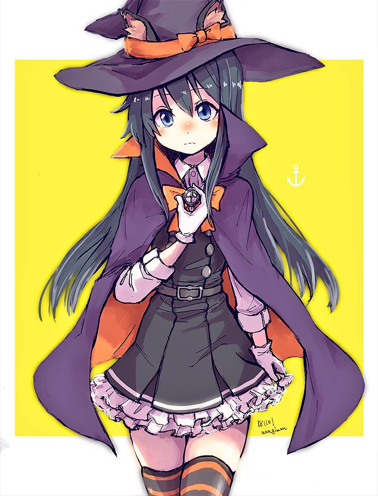 1girl animal_ears asashio_(kantai_collection) black_hair blue_eyes cat_ears cowboy_shot dated dress fake_animal_ears gloves halloween halloween_costume hat kantai_collection long_hair long_sleeves looking_at_viewer pinafore_dress pointy_hat remodel_(kantai_collection) solo striped striped_legwear thigh-highs twitter_username unagiman white_gloves witch_hat