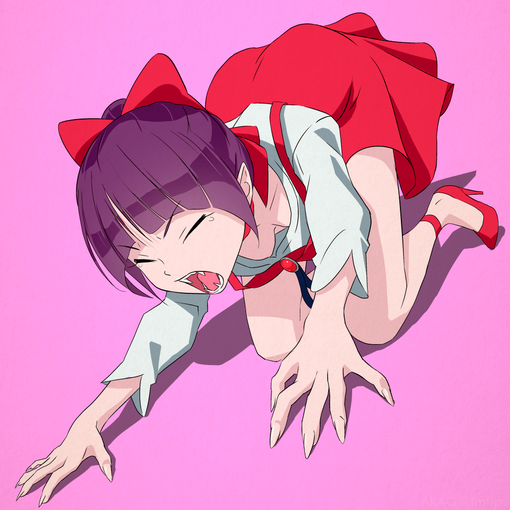 1girl akagi_(fmttps) bangs bow brooch cat_girl choker closed_eyes commentary_request downblouse dress dutch_angle eyebrows_visible_through_hair fangs fingernails full_body gegege_no_kitarou gem hair_bow hair_bun high_heels jewelry long_sleeves nekomusume nekomusume_(gegege_no_kitarou_6) no_bra open_mouth partial_commentary pinafore_dress pointy_ears purple_background purple_hair red_bow red_choker red_dress red_footwear shadow sharp_fingernails shirt short_dress short_hair simple_background solo tearing_up v-shaped_eyebrows white_shirt yawning