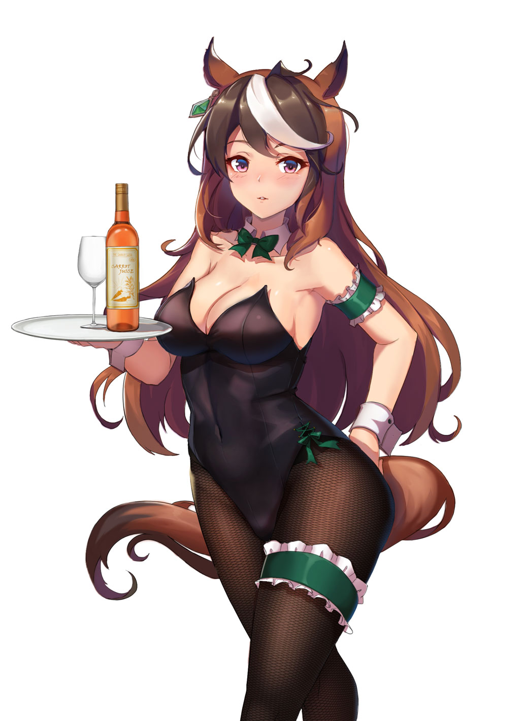 1girl ahoge animal_ears arm_garter bangs black_hair black_legwear black_leotard bottle bow bowtie breasts brown_hair cleavage commentary_request covered_navel cup detached_collar drinking_glass fishnet_pantyhose fishnets frills green_bow green_neckwear hand_on_hip highres holding holding_tray horse_ears horse_girl horse_tail leg_garter leotard long_hair looking_at_viewer medium_breasts multicolored_hair pantyhose parted_lips side-tie_leotard simple_background smile solo strapless strapless_leotard swept_bangs symboli_rudolf_(umamusume) tail tray umamusume very_long_hair violet_eyes vococo white_background white_hair wrist_cuffs