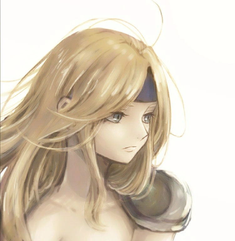 1girl blonde_hair blue_eyes blue_headband celes_chere closed_mouth final_fantasy final_fantasy_vi frown headband ichi_(pixiv6373491) long_hair shoulder_pads simple_background solo upper_body white_background