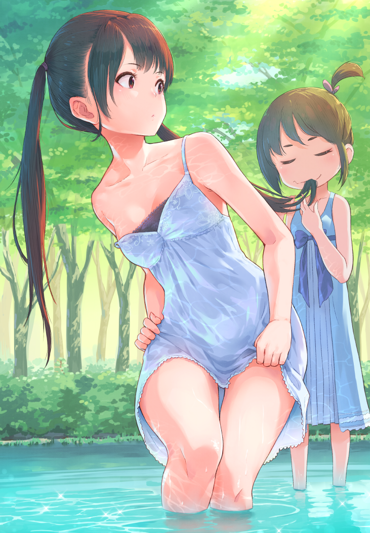2girls bangs bare_arms bare_shoulders blue_bow blue_dress bow breasts brown_hair closed_eyes closed_mouth commentary_request day dress eating_hair eyebrows_visible_through_hair forest hair_ribbon hair_tie hands_up head_tilt long_hair multiple_girls nature one_side_up original outdoors pink_ribbon red_eyes ribbon sidelocks sleeveless sleeveless_dress small_breasts standing strap_slip tomamatto tree twintails very_long_hair wading water yuri
