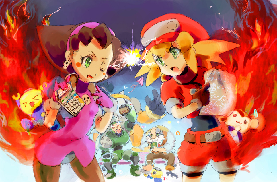 barrett_(rockman_dash) belt bike_shorts blonde_hair bon_bonne breasts brown_gloves buttons cabbie_hat commentary_request data_(rockman_dash) dinef gloves green_eyes hat jacket kobun long_hair looking_at_viewer multiple_boys open_mouth pantyhose red_jacket rockman rockman_dash roll_caskett short_sleeves shorts smile teisel_bonne tron_bonne