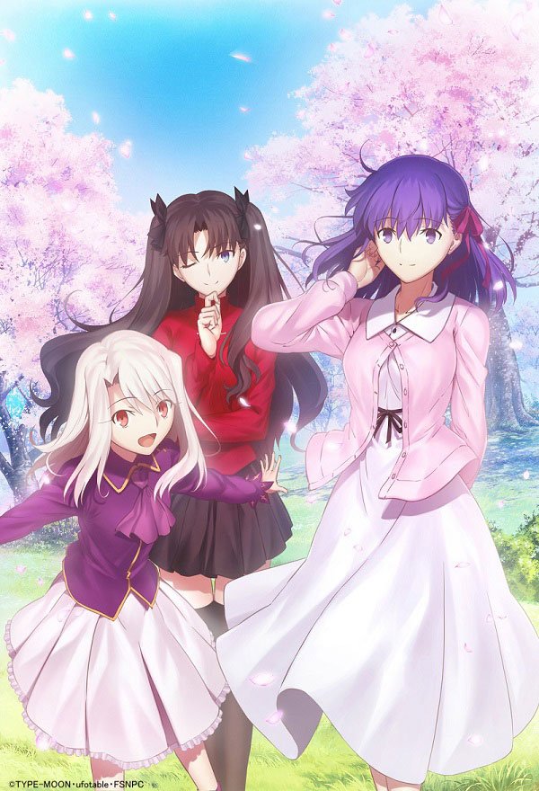 3girls :d ;) ascot black_bow black_legwear black_ribbon black_skirt blue_eyes blue_sky bow brown_hair cardigan cherry_blossoms day dress eyebrows_visible_through_hair fate/stay_night fate_(series) floating_hair frilled_skirt frills hair_between_eyes hair_bow hair_ribbon hand_in_hair illyasviel_von_einzbern long_dress long_hair looking_at_viewer matou_sakura miniskirt multiple_girls official_art one_eye_closed open_cardigan open_clothes open_mouth outdoors outstretched_arms pink_cardigan pleated_skirt purple_hair purple_neckwear purple_ribbon purple_shirt red_eyes red_sweater rei_no_himo ribbon shirt silver_hair skirt sky smile sundress sweater thigh-highs tohsaka_rin tree very_long_hair violet_eyes white_dress white_skirt zettai_ryouiki
