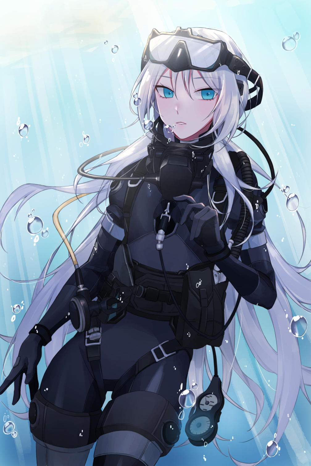 ammunition ammunition_belt an-94_(girls_frontline) blonde_hair blue_eyes bubble diving diving_mask diving_mask_on_head diving_mask_removed diving_regulator diving_suit eyebrows_visible_through_hair girls_frontline hair_between_eyes hair_ornament highres long_hair looking_at_viewer mask mask_removed open_mouth parted_lips qb_516 solo tagme underwater wetsuit