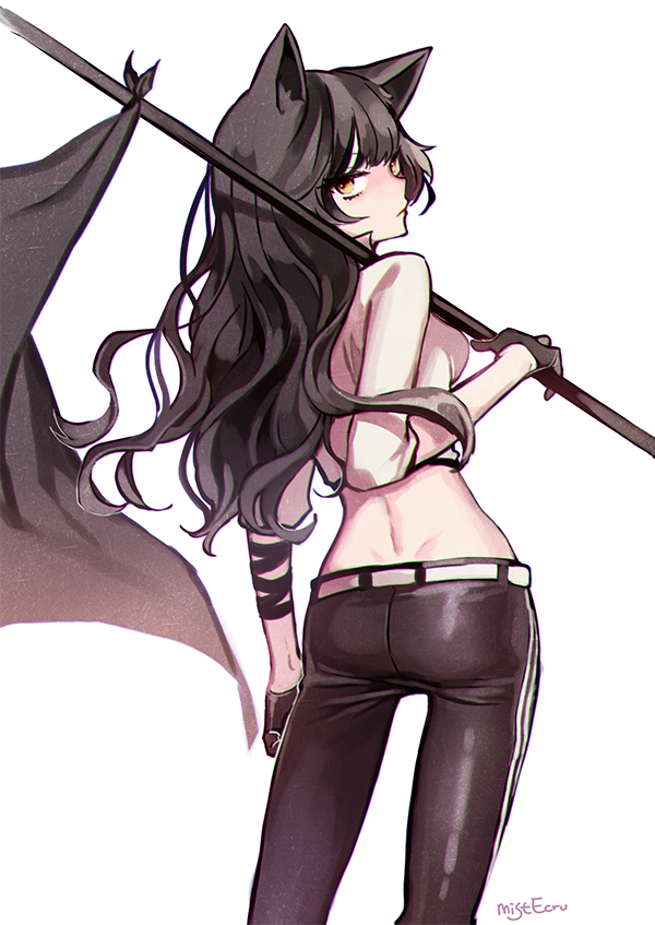 1girl animal_ears belt black_gloves black_hair black_pants blake_belladonna brown_eyes butt_crack cat_ears crop_top ecru flag from_behind gloves holding holding_flag long_hair looking_at_viewer looking_back midriff pants rwby shiny shiny_clothes shirt signature simple_background skin_tight solo standing white_background white_shirt