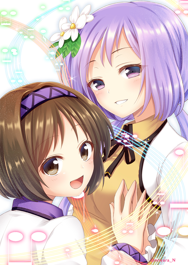 2girls :d bangs beamed_eighth_notes black_neckwear black_ribbon blush bracelet breasts brown_eyes brown_hair commentary_request dress eyebrows_visible_through_hair fingers_together flower grin hair_flower hair_ornament hairband jewelry leaf long_hair long_sleeves looking_at_viewer looking_back low_twintails medium_breasts multiple_girls musical_note neck_ribbon nnyara open_mouth purple_hair purple_hairband ribbon shirt short_hair siblings sisters smile staff_(music) touhou tsukumo_benben tsukumo_yatsuhashi twintails violet_eyes white_background white_flower white_shirt yellow_dress