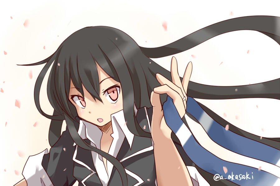 1girl akai_akasaki black_hair black_jacket blazer blue_headband commentary_request hair_between_eyes hatsushimo_(kantai_collection) headband_removed holding jacket jewelry kantai_collection long_hair looking_at_viewer open_mouth petals red_eyes remodel_(kantai_collection) ring school_uniform shirt simple_background sleeves_folded_up solo twitter_username white_shirt