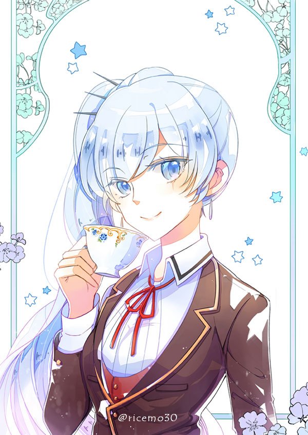 1girl black_jacket blue_eyes cup earrings emo_(ricemo) eyebrows_visible_through_hair hair_ornament holding holding_cup jacket jewelry long_hair neck_ribbon red_ribbon ribbon rwby shiny shiny_hair shirt side_ponytail silver_hair smile solo teacup twitter_username upper_body very_long_hair weiss_schnee white_background white_shirt