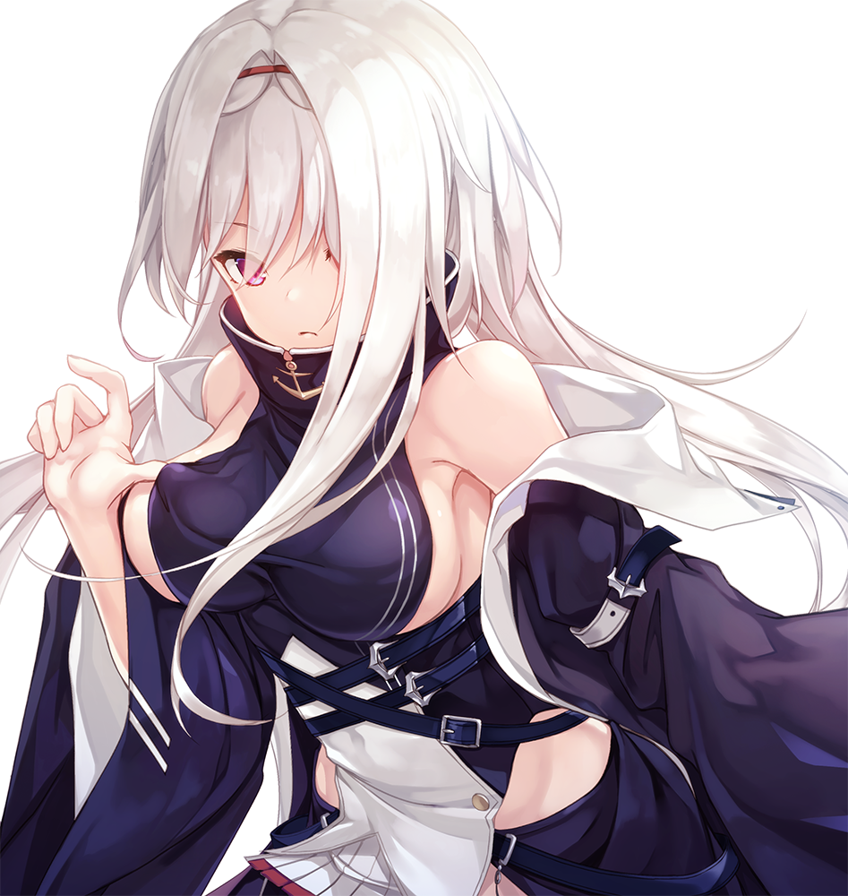 1girl adjusting_clothes arm_strap azur_lane bangs belt belt_buckle belt_collar black_skirt blue_hairband breasts buckle coat colorado_(azur_lane) detached_sleeves dress expressionless hair_over_one_eye hairband jacket kurenai_musume large_breasts long_hair looking_at_viewer medium_breasts multiple_straps off_shoulder pelvic_curtain red_eyes sideboob sidelocks silver_hair skindentation skirt sleeveless sleeveless_dress solo white_hair wide_sleeves