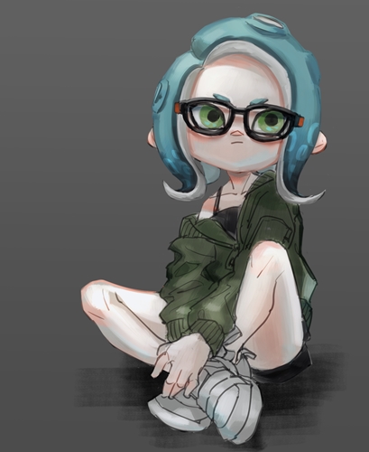 1girl act_(a_moso) agent_8 black-framed_eyewear blue_hair cardigan closed_mouth collarbone full_body glasses green_cardigan green_eyes long_sleeves lowres medium_hair nintendo octarian octoling off_shoulder shoes single_bare_shoulder sitting solo splatoon splatoon_2 splatoon_2:_octo_expansion tentacle_hair white_footwear