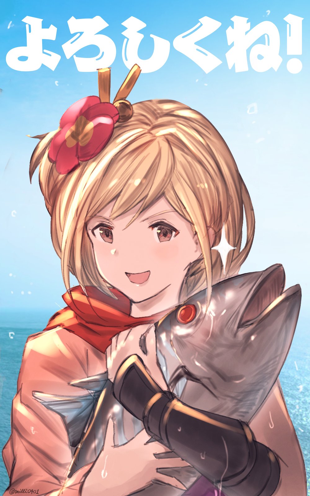 blonde_hair bonito brown_eyes djeeta_(granblue_fantasy) flower granblue_fantasy hair_flower hair_ornament highres japanese_clothes kengou_(granblue_fantasy) looking_at_viewer milli_little open_mouth scarf short_hair upper_body