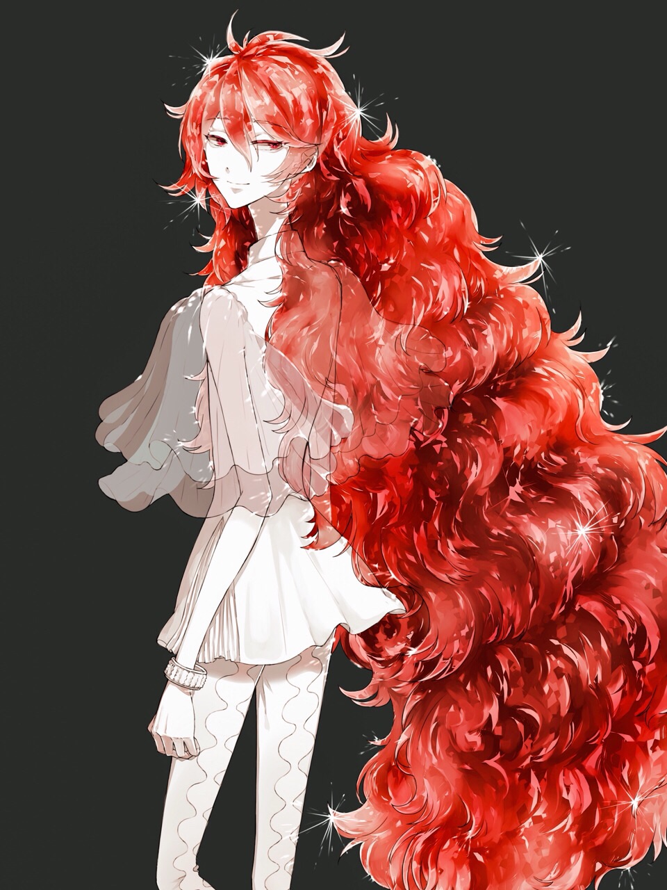 1other alternate_costume androgynous bracelet colored_eyelashes crystal_hair dark_background highres houseki_no_kuni jewelry long_hair looking_at_viewer looking_back padparadscha_(houseki_no_kuni) red_eyes redhead s06y02 see-through smile solo spoilers very_long_hair wavy_hair white_skin