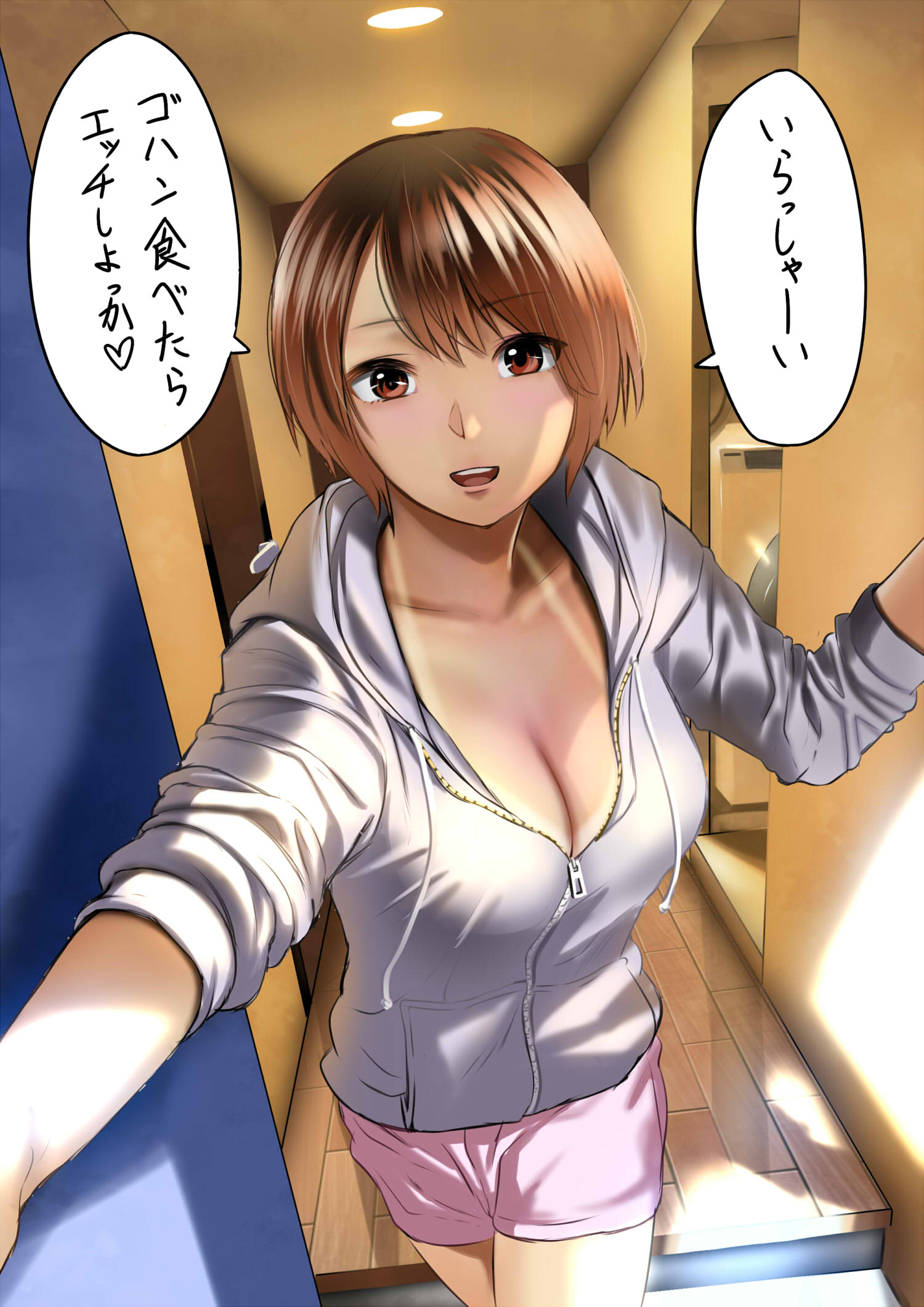 1girl breasts brown_eyes brown_hair cleavage commentary_request highres hood hooded_jacket hoodie jacket looking_at_viewer open_mouth original pov_doorway reaching_out short_hair shorts sleeves_pushed_up solo tan tanline translation_request urasuji_samurai