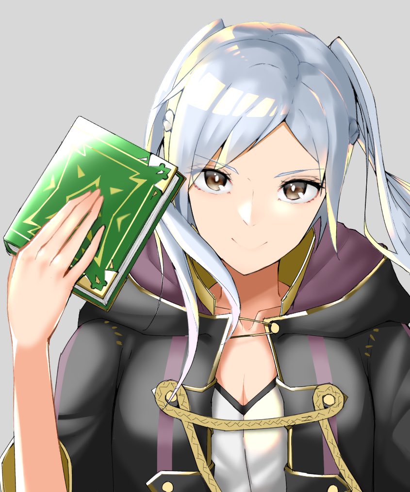 1girl book breasts brown_eyes cleavage closed_mouth female_my_unit_(fire_emblem:_kakusei) fire_emblem fire_emblem:_kakusei grey_background holding holding_book hood hood_down my_unit_(fire_emblem:_kakusei) nintendo open_clothes open_robe robe simple_background smile solo tpicm twintails white_hair