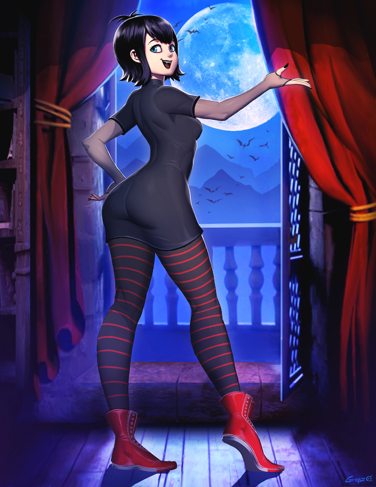 1girl :d ass balcony bat black_hair black_legwear black_nails blue_eyes blue_sky breasts curtains full_moon genzoman halloween hand_on_hip hotel_transylvania looking_back mavis_dracula moon nail_polish night night_sky open_mouth railing red_footwear sky small_breasts smile solo striped striped_legwear