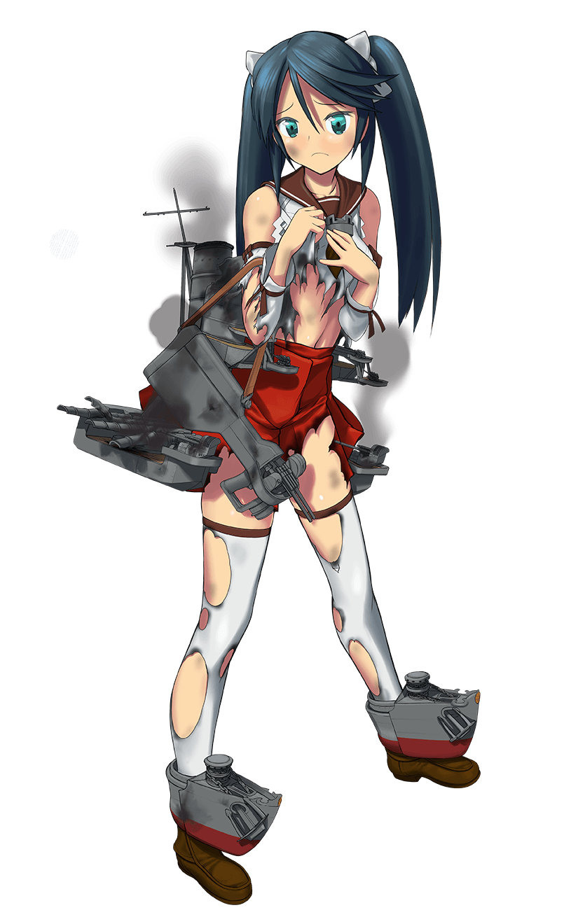 1girl adapted_turret anchor aqua_eyes blue_hair blush_stickers bow burnt_clothes closed_mouth damaged dark_blue_hair detached_sleeves gun hair_bow hands_on_own_chest highres isuzu_(kantai_collection) kantai_collection kuuro_kuro loafers long_hair looking_at_viewer navel official_art red_bow red_skirt rigging sailor_collar shide shirt shoes skirt smoke solo soot thigh-highs torn_clothes torn_legwear torn_shirt torpedo_tubes transparent_background twintails weapon white_bow white_legwear