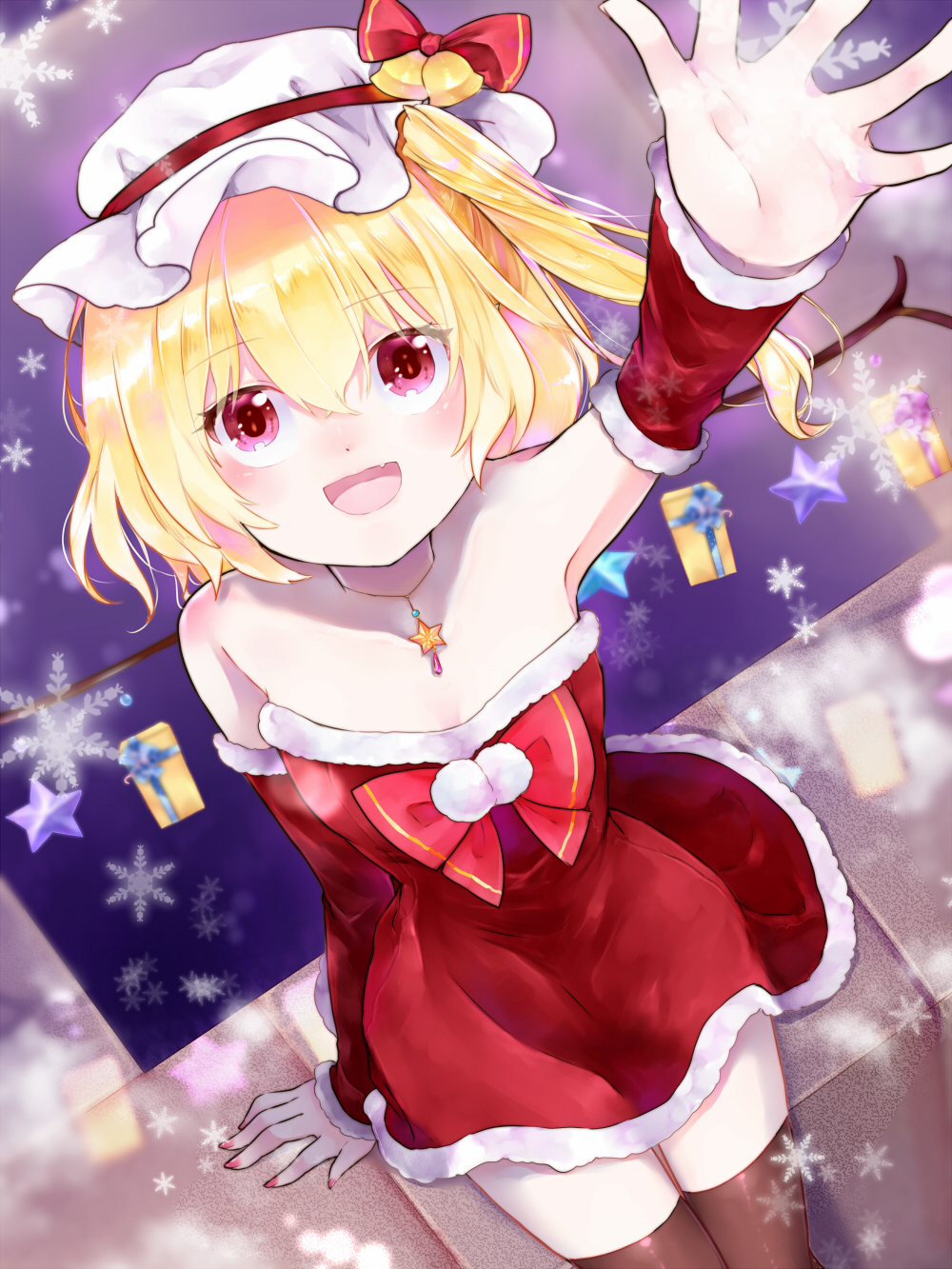 1girl :d arm_support arm_up bell black_legwear blonde_hair bonnet bow bowtie breasts cleavage detached_sleeves dress eyebrows_visible_through_hair flandre_scarlet floating_hair from_above fur_trim hair_between_eyes hat hat_bow hat_ribbon highres jewelry long_sleeves looking_at_viewer looking_up nail_polish necklace open_mouth red_bow red_dress red_eyes red_nails red_ribbon red_sleeves ribbon santa_costume short_dress short_hair side_ponytail sitting sleeveless sleeveless_dress small_breasts smile solo star star_necklace strapless strapless_dress thigh-highs touhou tube_dress white_hat wings yurara_(aroma42enola) zettai_ryouiki