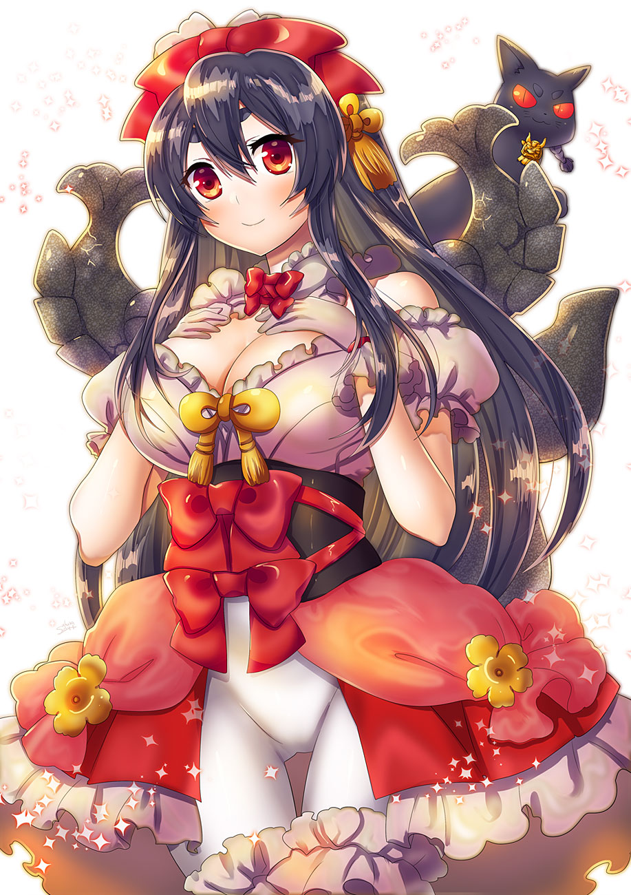 1girl black_cat black_hair blush breasts cat cleavage cowboy_shot detached_sleeves gloves hair_between_eyes hands_on_own_chest highres large_breasts long_hair looking_at_viewer morioka_(oshiro_project) oshiro_project oshiro_project_re red_eyes shachihoko smile solo suou_sakura thick_eyebrows white_gloves