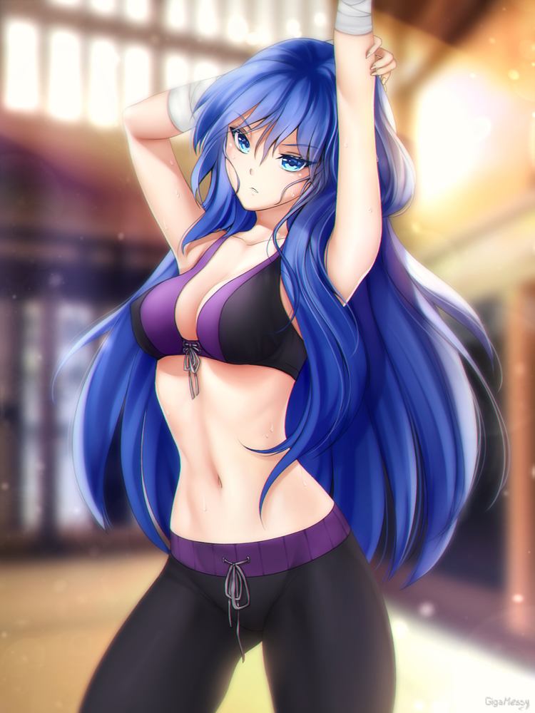 1girl arms_up bandage black_bra black_pants blue_eyes blue_hair blurry blurry_background bra breasts cleavage collarbone covered_nipples cowboy_shot dust_particles eyebrows_visible_through_hair floating_hair gigamessy hair_between_eyes head_tilt long_hair medium_breasts midriff navel original pants skin_tight solo sports_bra stomach underwear very_long_hair