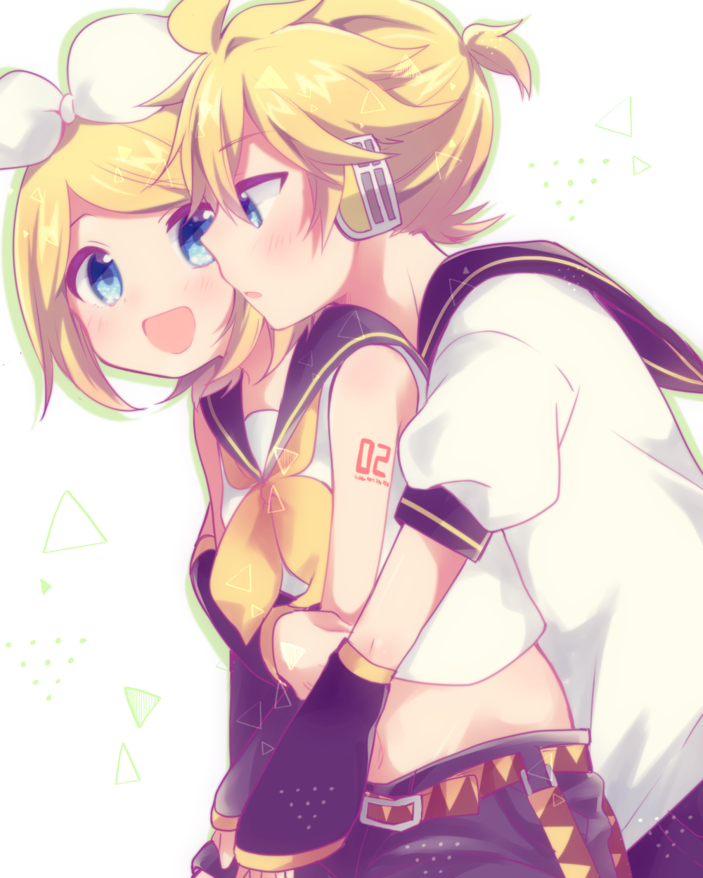 1boy 1girl aoi_choko_(aoichoco) arm_tattoo arms_around_waist bare_shoulders belt blonde_hair blue_eyes blush bow brother_and_sister cheek-to-cheek crop_top detached_sleeves hair_bow hair_ornament hairclip headphones headset highres hug hug_from_behind kagamine_len kagamine_rin looking_at_another midriff navel number_tattoo open_mouth parted_lips sailor_collar shirt short_hair short_ponytail shorts siblings sleeveless sleeveless_shirt smile tattoo twins upper_body vocaloid