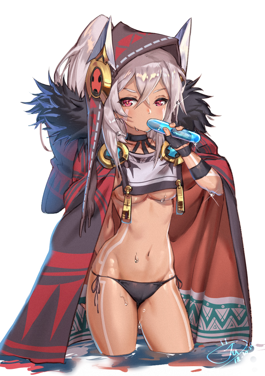 1girl arm_behind_back azur_lane bangs bikini bikini_bottom bodypaint breasts cloak commentary contrapposto crop_top crop_top_overhang dark_skin drinking facepaint fingerless_gloves fur-trimmed_cloak fur_trim gloves hair_between_eyes halterneck highres hood jujumaho_(nanigaxila) looking_at_viewer medium_breasts midriff minneapolis_(azur_lane) native_american navel open_clothes ponytail ramune red_eyes revealing_clothes side-tie_bikini silver_hair soda_bottle solo standing sweat swimsuit under_boob water