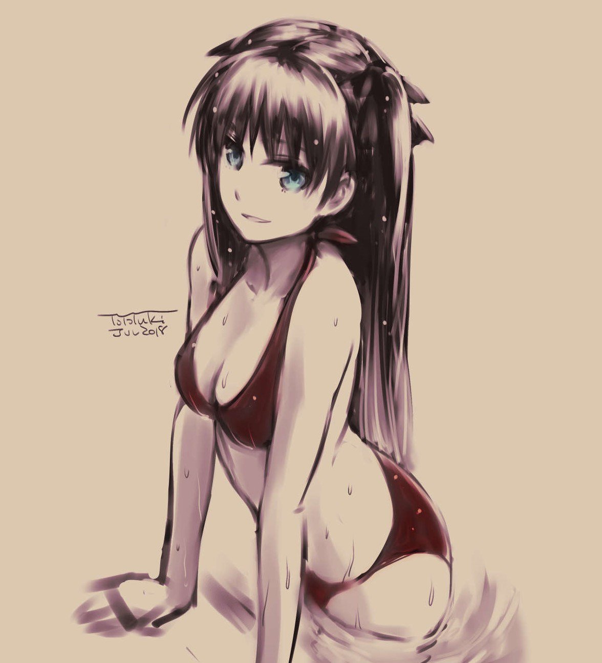 1girl :d bikini black_bow blue_eyes bow breasts brown_background brown_hair cleavage collarbone cute emiya-san_chi_no_kyou_no_gohan fate/stay_night fate_(series) hair_between_eyes hair_bow highres long_hair looking_at_viewer medium_breasts open_mouth red_bikini shiny shiny_hair simple_background smile solo swimsuit tohsaka_rin twintails water wet yukako_(toyoyuki)