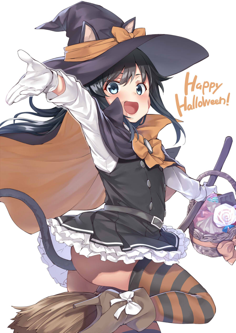 1girl :d animal_ears asashio_(kantai_collection) basket black_cape black_hair black_legwear blue_eyes bow broom broom_riding candy cape cat_ears cat_tail commentary_request cowboy_shot cropped_legs dress ebifurya food frilled_dress frills gloves grey_skirt halloween hat highres kantai_collection long_hair no_panties open_mouth orange_bow outstretched_arm pinafore_dress pleated_skirt remodel_(kantai_collection) shirt simple_background skirt smile solo striped striped_legwear tail thigh-highs v-shaped_eyebrows white_background white_gloves white_shirt witch_hat