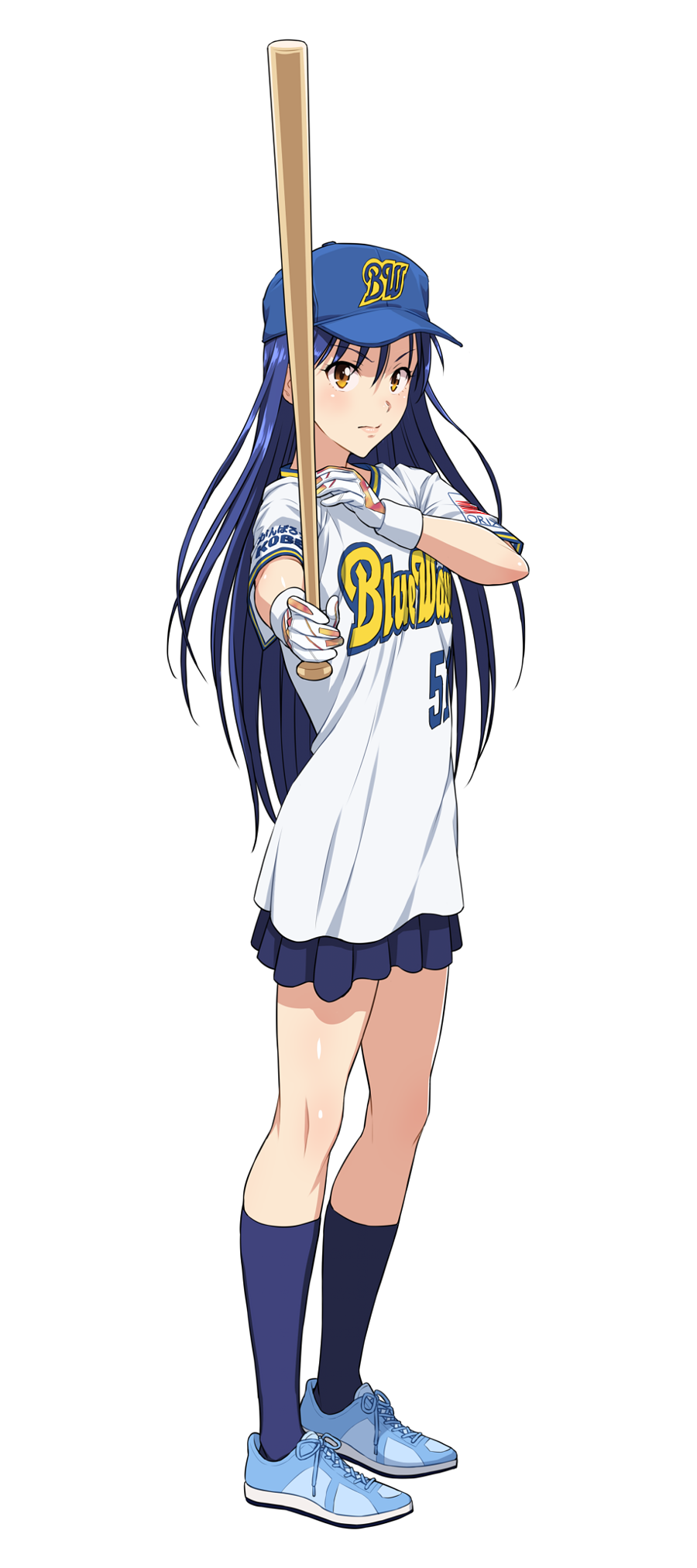 1girl baseball_bat baseball_cap baseball_uniform blue_footwear blue_hair blue_hat blue_legwear blue_skirt brown_eyes full_body gloves hair_between_eyes hat highres holding idolmaster idolmaster_(classic) kisaragi_chihaya kneehighs long_hair miniskirt nigou nippon_professional_baseball pleated_skirt shirt shoes short_sleeves simple_background skirt sneakers solo sportswear standing very_long_hair white_background white_gloves white_shirt