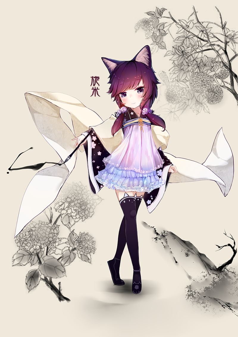 1girl animal_band_legwear animal_ears bangs black_footwear black_legwear blush brown_background brown_eyes brown_hair calligraphy_brush cat_band_legwear cat_ears closed_mouth collarbone commentary_request dress eyebrows_visible_through_hair futoshi_ame hair_ornament head_tilt holding holding_paintbrush long_hair long_sleeves looking_at_viewer low_twintails original paintbrush purple_dress shoes sleeves_past_wrists solo standing thigh-highs tiptoes translation_request tree_branch twintails wide_sleeves