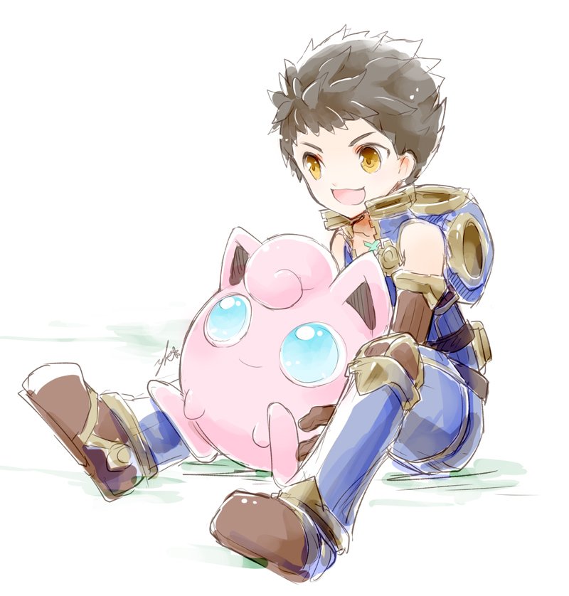 1boy black_hair blue_eyes blush brown_hair chion_(yukina) creatures_(company) game_freak gen_1_pokemon gloves hug jigglypuff looking_at_viewer nintendo pokemon rex_(xenoblade_2) short_hair simple_background smile super_smash_bros. super_smash_bros._ultimate xenoblade_(series) xenoblade_2