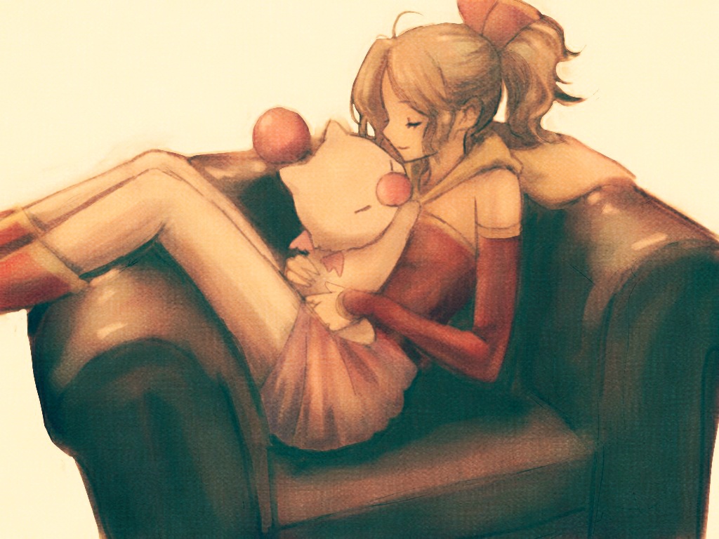 1girl armchair cape chair closed_eyes closed_mouth detached_sleeves dress eyebrows_visible_through_hair final_fantasy final_fantasy_vi hair_ornament ichi_(pixiv6373491) long_hair long_sleeves moogle pantyhose ponytail red_dress red_footwear sitting smile solo strapless strapless_dress tina_branford white_legwear