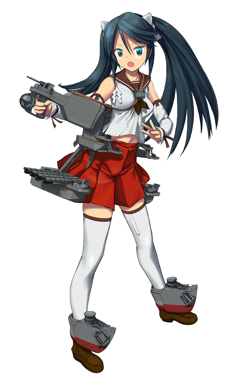 1girl adapted_turret anchor aqua_eyes blue_hair blush_stickers bow dark_blue_hair detached_sleeves gun hair_bow highres holding holding_gun holding_weapon isuzu_(kantai_collection) kantai_collection kuuro_kuro loafers long_hair looking_at_viewer navel neckerchief official_art open_mouth red_bow red_skirt rigging sailor_collar sailor_shirt searchlight shide shirt shoes skirt solo thigh-highs torpedo_tubes transparent_background twintails weapon white_bow white_legwear zettai_ryouiki