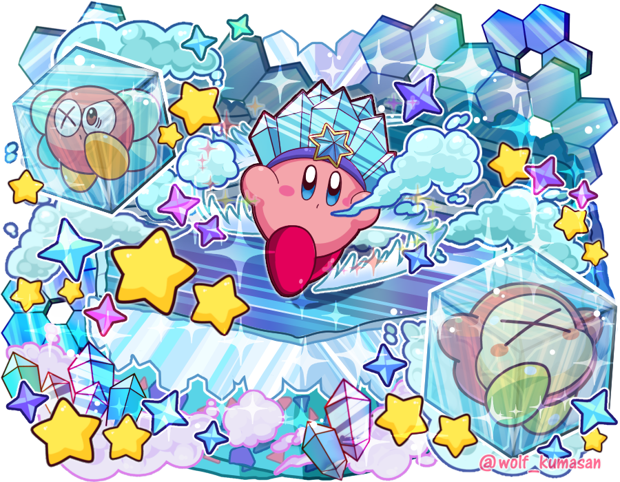 blue_eyes blush_stickers breath bronto_burt commentary_request copy_ability frozen hat ice ice_cube insect_wings kirby kirby_(series) ninjya_palette nintendo no_humans star waddle_dee wings