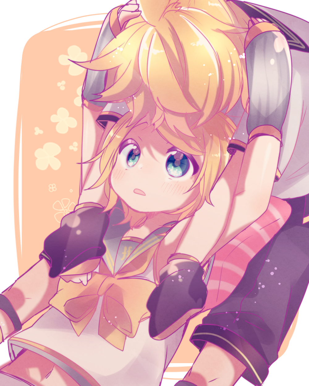 1girl aoi_choko_(aoichoco) arms_around_neck arms_up blonde_hair blue_eyes blush brother_and_sister crop_top detached_sleeves fortissimo hands_on_another's_head headphones headset highres hug hug_from_behind kagamine_len kagamine_len_(vocaloid4) kagamine_rin kagamine_rin_(vocaloid4) leaning_on_person leg_warmers looking_at_another looking_up lying navel on_back orange_background pillow sailor_collar shirt short_hair siblings sleeveless sleeveless_shirt twins v4x vocaloid