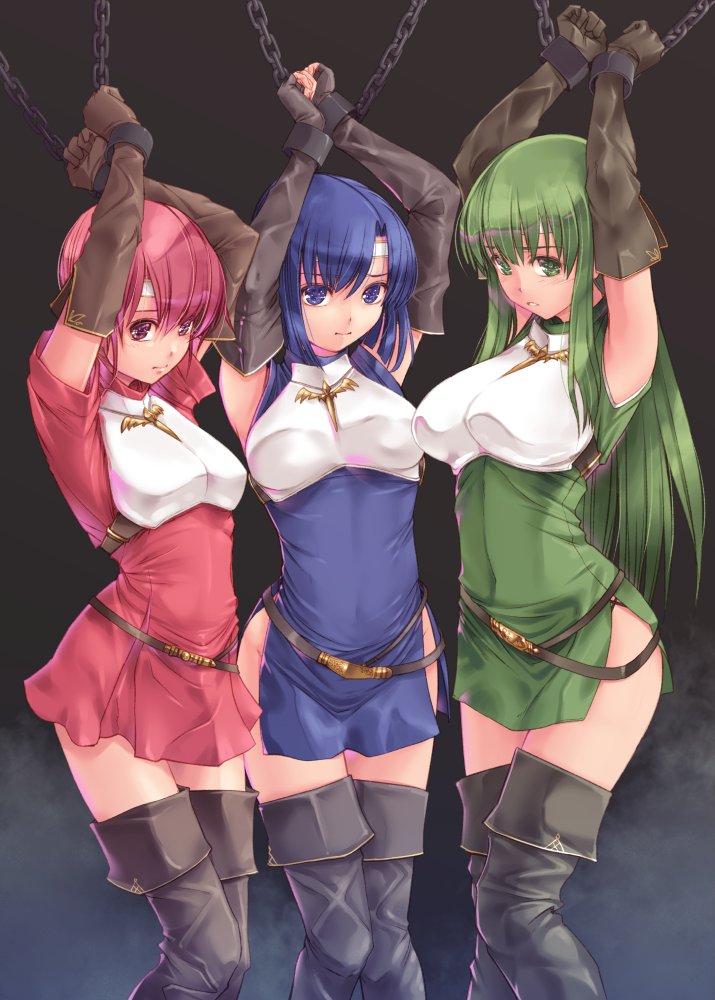 3girls armor artist_request bdsm black_background blue_eyes blue_hair bondage boots bound chains cuirass elbow_gloves est fire_emblem gloves green_eyes green_hair headband katua long_hair looking_at_viewer medium_hair miniskirt multiple_girls nintendo paola red_eyes redhead short_hair siblings simple_background sisters skirt thigh-highs thigh_boots thighs