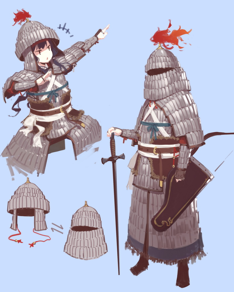 1girl adjusting_clothes armor black_hair character_sheet fangdan_runiu full_armor helmet long_hair original pose simple_background sword weapon