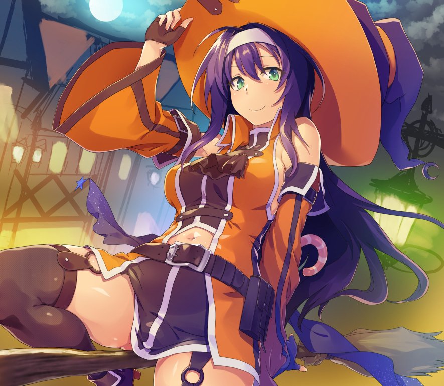 1girl bare_shoulders belt black_gloves black_legwear black_skirt blue_hair breasts broom broom_riding building candy candy_cane detached_sleeves dress fingerless_gloves fire_emblem fire_emblem:_souen_no_kiseki fire_emblem_heroes food full_moon garter_straps gloves green_eyes halloween_costume hand_on_headwear hat headband lamppost large_breasts leaning_back long_hair long_sleeves looking_at_viewer midriff moon navel night night_sky nintendo orange_dress shinon_(tokage_shuryou) sideboob skirt sky smile solo thigh-highs thighs wayu_(fire_emblem) wide_sleeves witch witch_hat