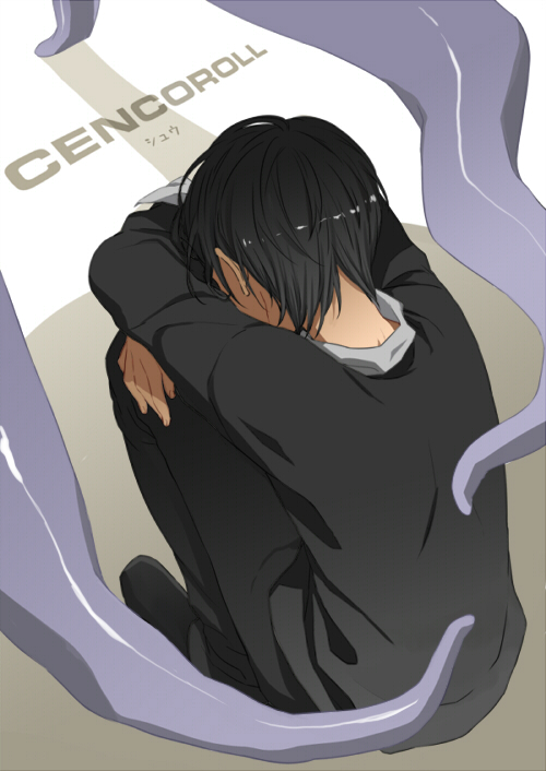 1boy black_footwear black_hair black_pants cencoroll copyright_name depressed hidden_face long_sleeves male_focus monster nape pants sad shadow shuu_(cencoroll) sitting solo tentacle tentacles_with_male you_gonna_get_raped