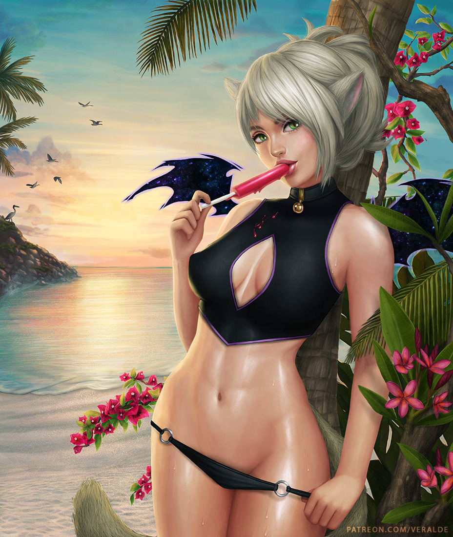 1girl animal_ears beach bell bell_choker bikini bikini_pull bird black_bikini breasts cat_ears cat_tail choker cleavage cleavage_cutout commission food green_eyes grey_hair lips looking_at_viewer medium_breasts navel o-ring o-ring_bikini original outdoors patreon_username popsicle shiny shiny_skin short_hair short_ponytail solo standing sunset swimsuit tail tree veralde water watermark web_address wings