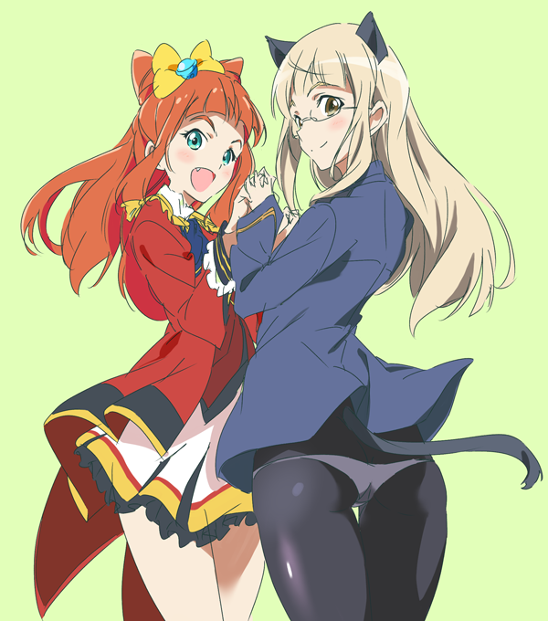 2girls :d aikatsu! aikatsu!_(series) aikatsu_stars! animal_ears ass blonde_hair blue_eyes bow fang glasses graphite_(medium) hair_bow hand_holding looking_back multiple_girls open_mouth panties panties_under_pantyhose pantyhose perrine_h_clostermann redhead skindentation smile standing strike_witches tail traditional_media umanosuke underwear world_witches_series yellow_bow