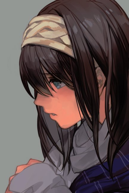 1girl black_hair blue_eyes eyebrows_visible_through_hair hairband hankuri idolmaster idolmaster_cinderella_girls long_hair parted_lips profile sagisawa_fumika shawl simple_background solo sweater upper_body