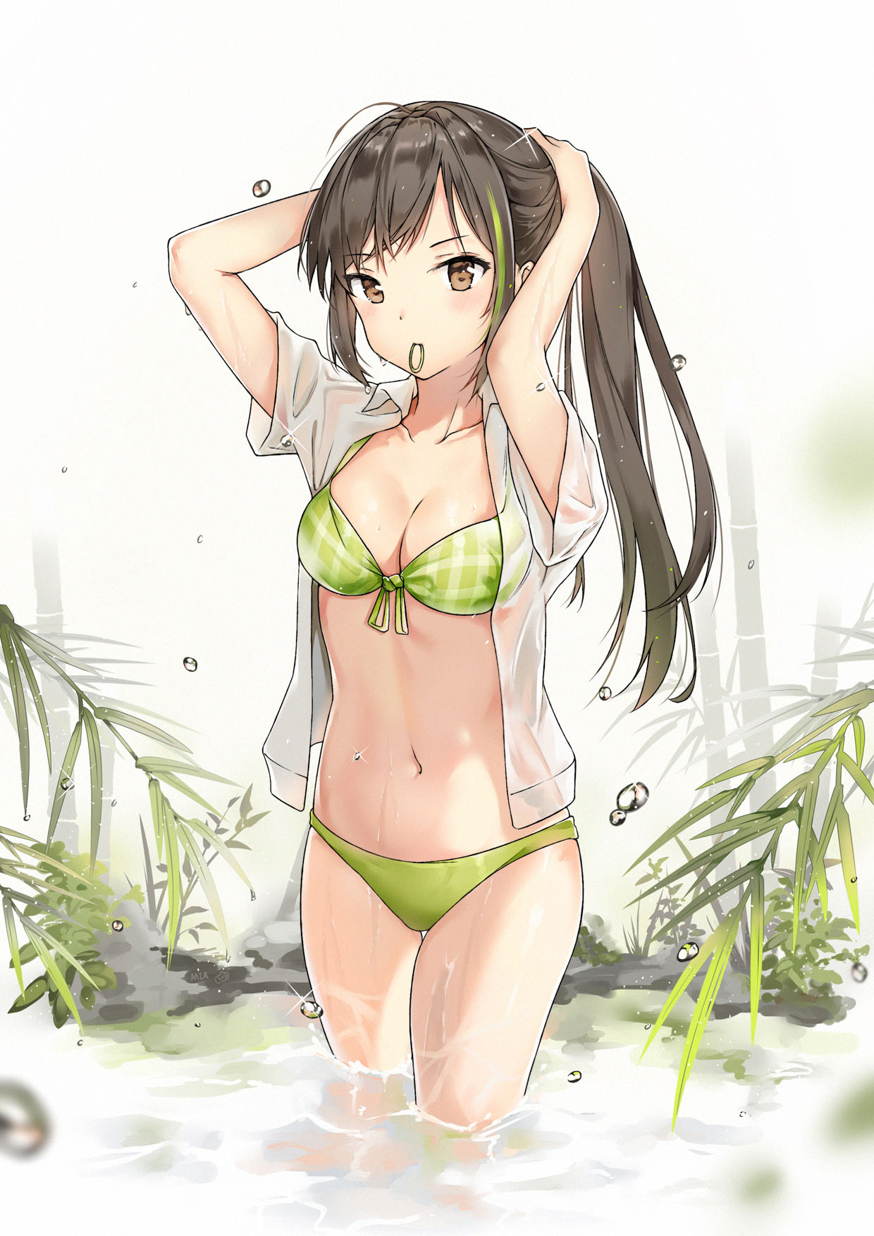 1girl ahoge arms_up bamboo bangs bikini blush breasts brown_eyes cleavage collarbone commentary_request eyebrows_visible_through_hair front-tie_bikini front-tie_top girls_frontline green_bikini green_hair highres long_hair m4a1_(girls_frontline) medium_breasts mouth_hold multicolored_hair navel onsen open_clothes open_shirt plant ponytail see-through shirt short_sleeves sidelocks signature solo stomach streaked_hair swept_bangs swimsuit thigh_gap tying_hair wading water wet wet_clothes wet_shirt white_background white_shirt yuuki_mix