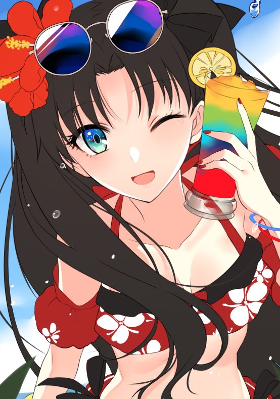 1girl ;d arm_strap bikini black_bow black_hair blue-tinted_eyewear blue_eyes bow breasts cleavage collarbone cup day eyebrows_visible_through_hair eyewear_on_head fate/stay_night fate_(series) floating_hair floral_print flower hair_bow hair_flower hair_ornament hibiscus holding holding_cup long_hair looking_at_viewer one_eye_closed open_mouth outdoors print_bikini_top red_bikini red_flower small_breasts smile solo sunglasses swimsuit tohsaka_rin upper_body very_long_hair yaoshi_jun