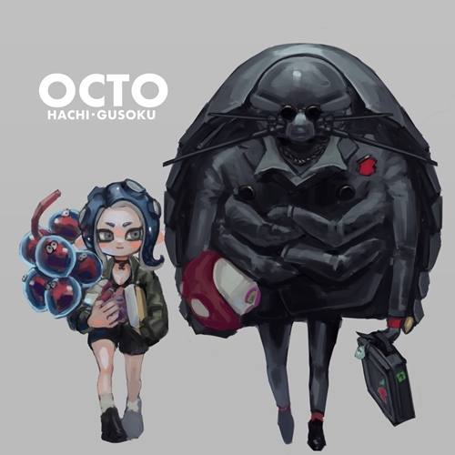 1boy 1girl act_(a_moso) agent_8 black_choker black_footwear black_shorts blue_hair choker closed_mouth full_body green_jacket grey_eyes gusoku-san isopod jacket jellyfish_(splatoon) long_hair long_sleeves lowres nintendo octarian octoling octotrooper shorts smile splatoon splatoon_2 splatoon_2:_octo_expansion suction_cups tentacle_hair