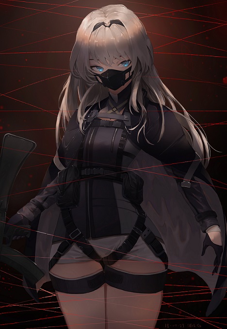 1girl ammunition ammunition_belt an-94 an-94_(girls_frontline) assault_rifle black_gloves blonde_hair blue_eyes cape girls_frontline gloves gun hair_between_eyes hair_ornament holding holding_weapon jacket laser long_hair looking_at_viewer mask masked rifle seul11012 short_shorts shorts simple_background solo tagme thigh_strap weapon