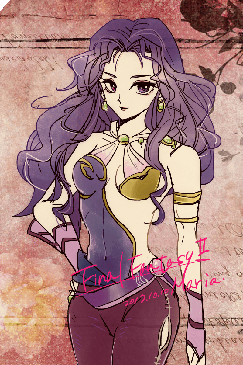1girl breasts cleavage commentary_request dress earrings final_fantasy final_fantasy_ii highres jewelry long_hair maria_(ff2) purple_hair smile solo violet_eyes yadoso